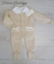 Load image into Gallery viewer, Spanish beige rocking horse 3pc set vest, knit cardigan &amp; bottoms