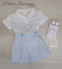 Load image into Gallery viewer, Blue/white check smocked shirt &amp; short set
