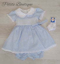Load image into Gallery viewer, Blue/white check smock dress, pants &amp; headband set