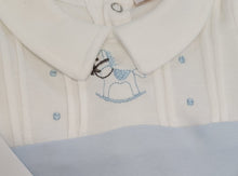 Load image into Gallery viewer, Ivory/blue rocking horse babygrow &amp; hat