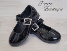 Load image into Gallery viewer, Girls black patent diamanté buckle shoes