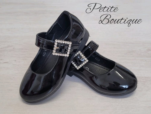 Girls black patent diamanté buckle shoes