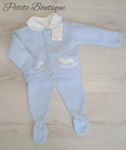 Load image into Gallery viewer, Spanish blue rocking horse 3pc set vest, knit cardigan &amp; bottoms