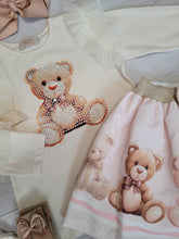 Load image into Gallery viewer, Cream/pink diamanté teddy top &amp; skirt set
