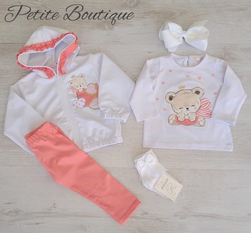 White/peach 3pc lounge set top, leggings & zip up hoodie