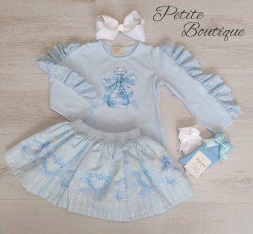Blue perfume bottle top & skirt set