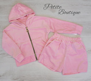 Baby pink velour zip hoodie & short set