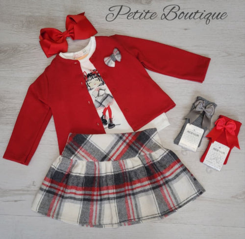 Red 3pc set top, skirt & cardigan set