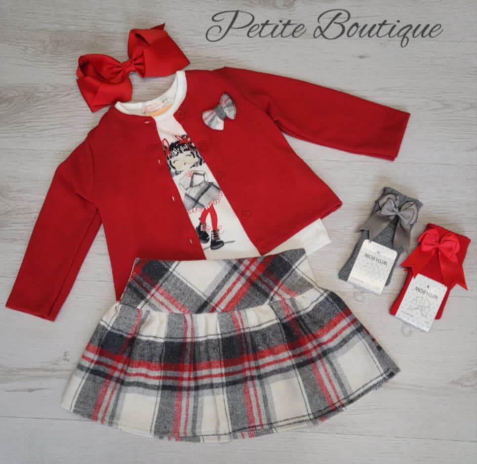 Red 3pc set top, skirt & cardigan set
