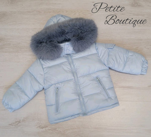 Boys padded blue coat with grey faux fur trim hood