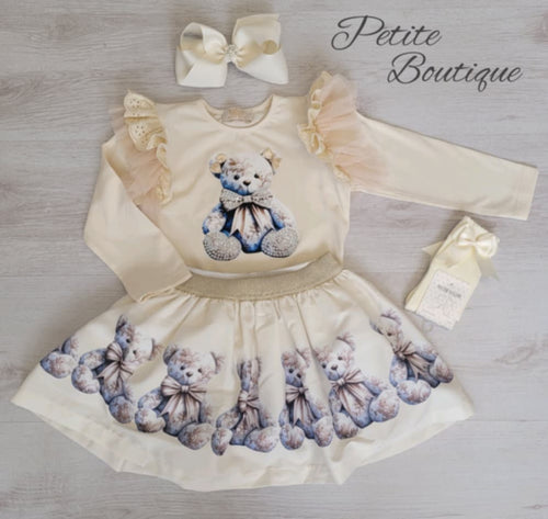 Cream teddy bear print top & skirt set