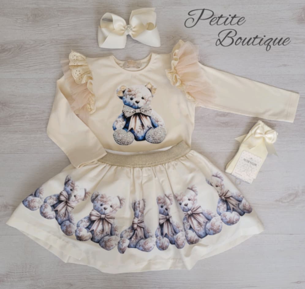Cream teddy bear print top & skirt set