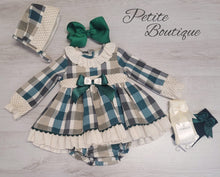 Load image into Gallery viewer, Spanish green/cream check dress, pants &amp; bonnet set