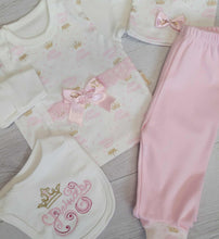 Load image into Gallery viewer, Pink princess 4pc set top with fold over mitts, bottoms, hat &amp; bib