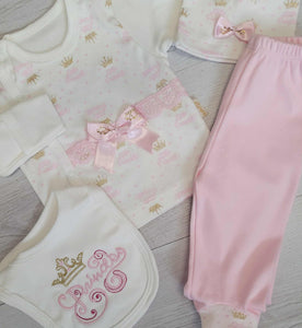 Pink princess 4pc set top with fold over mitts, bottoms, hat & bib