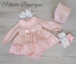 Spanish pink dress, pants & bonnet set