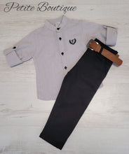 Load image into Gallery viewer, Boys grey shirt &amp; black chinos set
