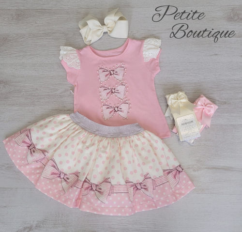 Pink/cream bow top & skirt set