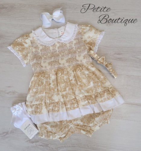 Beige/white traditional print smock shorter dress, pants & headband set