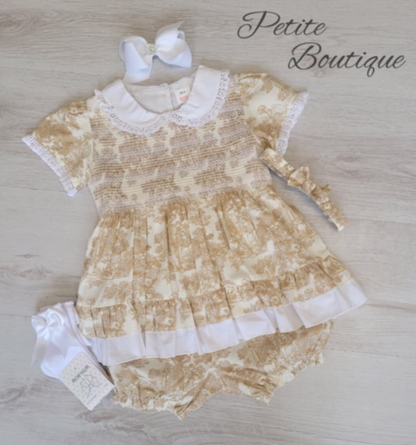 Beige/white traditional print smock shorter dress, pants & headband set