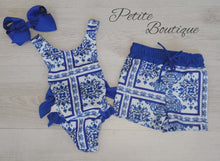 Load image into Gallery viewer, Royal blue patterned boys swim shorts