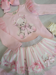 Pink double bow bear top & skirt set