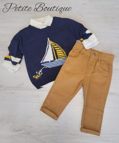 Boys navy sail boat 3pc set shirt, jumper & trousers