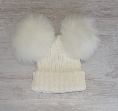 Cream double faux fur pompom hat