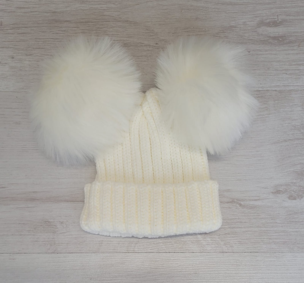 Cream double faux fur pompom hat