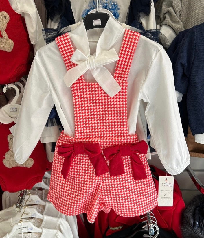 Red houndstooth double bow playsuit & shirt set