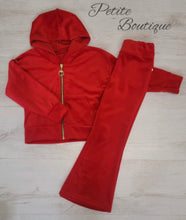 Load image into Gallery viewer, Red angel velour tracksuit top &amp; flare bottom set