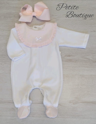 Spanish white/pink velour babygrow