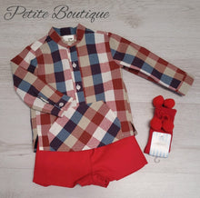 Load image into Gallery viewer, Spanish older boys red and blue check shirt &amp; short set