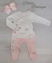 Load image into Gallery viewer, Pink butterfly 3pc set top, bottoms &amp; bow headband