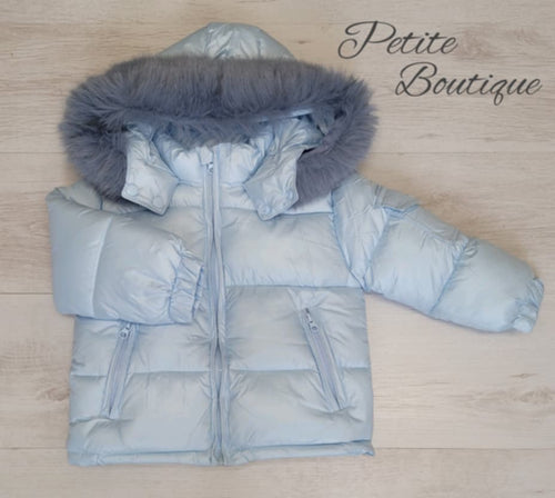 Light blue padded winter coat with faux fur trim hood
