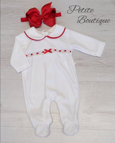 Spanish white/red velour babygrow