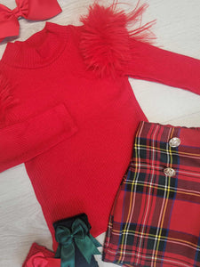 Red long sleeved top & tartan short set