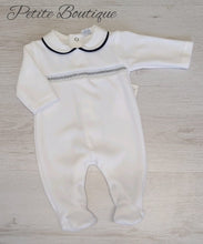 Load image into Gallery viewer, Spanish white/navy velour babygrow