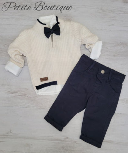 Boys 3pc set zip jumper, trousers & dickie bow shirt set