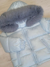 Load image into Gallery viewer, Light blue padded winter coat with faux fur trim hood