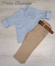 Load image into Gallery viewer, Boys blue shirt &amp; beige chinos set