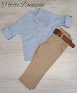 Boys blue shirt & beige chinos set