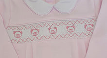 Load image into Gallery viewer, Pink teddy bear smocked cotton babygrow