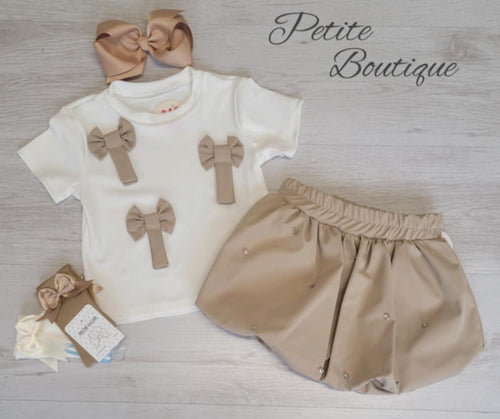 Beige bow top & diamanté stud bubble skirt