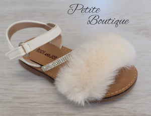 White faux fur strap sandals