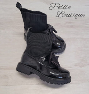 Black patent/bow sock boots