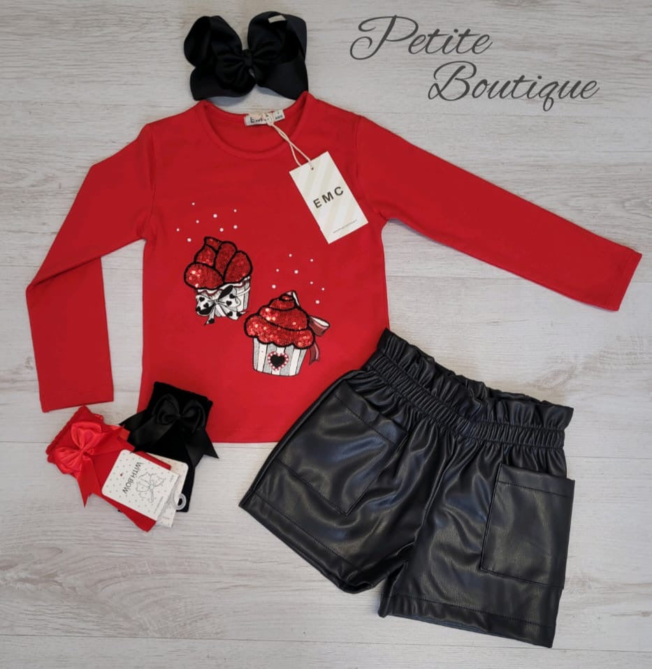 EMC red cupcake top & PU short set