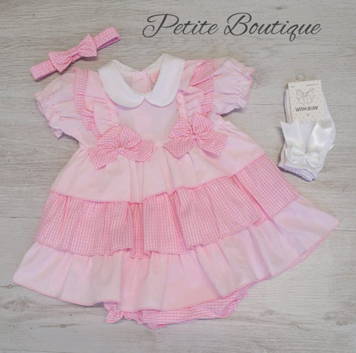 Pink gingham ruffle dress, pants & headband