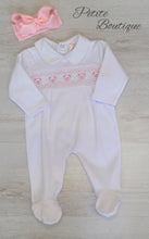 Load image into Gallery viewer, White/pink bear smock babygrow