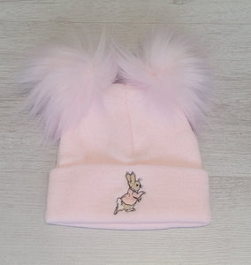 Pink double faux fur pompom peter rabbit hat